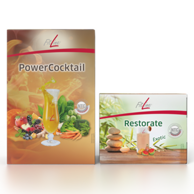 Ціна: 4 725 грн. Фото: FitLine Power Cocktail (Activize + Basics) + Restorate Exotic Оптимальний базовий Сет №5. LAMiNi.SHOP